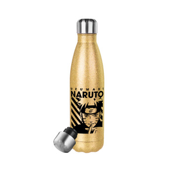 Naruto uzumaki, Glitter gold stainless steel thermos bottle, double-walled, 500ml