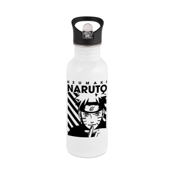 Naruto uzumaki, Παγούρι νερού Λευκό με καλαμάκι, ανοξείδωτο ατσάλι 600ml