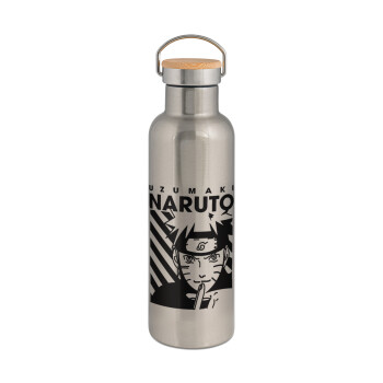 Naruto uzumaki, Μεταλλικό παγούρι θερμός (Stainless steel) Ασημένιο με ξύλινο καπακι (bamboo), διπλού τοιχώματος, 750ml