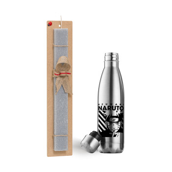 Naruto uzumaki, Easter Set, metallic stainless thermos flask (500ml) & scented flat Easter candle (30cm) (GRAY)