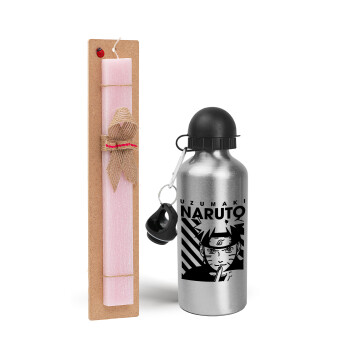 Naruto uzumaki, Easter Set, metallic Silver aluminum water bottle (500ml) & scented flat Easter candle (30cm) (PINK)