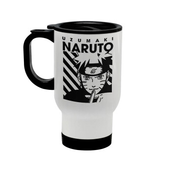 Naruto uzumaki, Stainless steel travel mug with lid, double wall white 450ml
