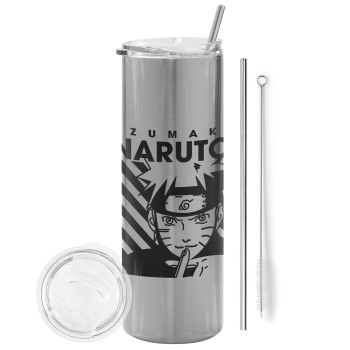 Naruto uzumaki, Eco friendly ποτήρι θερμό Ασημένιο (tumbler) από ανοξείδωτο ατσάλι 600ml, με μεταλλικό καλαμάκι & βούρτσα καθαρισμού