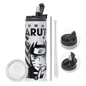 Naruto uzumaki, Travel Tumbler θερμό με διπλό καπάκι, μεταλλικό καλαμάκι και βούρτσα καθαρισμού (Ανωξείδωτο 304 Food grade, BPA free, 600ml)