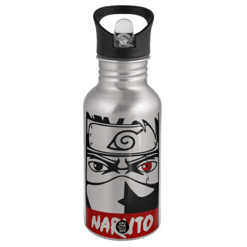 Naruto anime, Water bottle Silver with straw, stainless steel 500ml