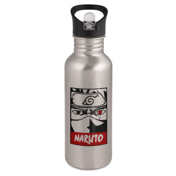 Naruto anime, Water bottle Silver with straw, stainless steel 600ml