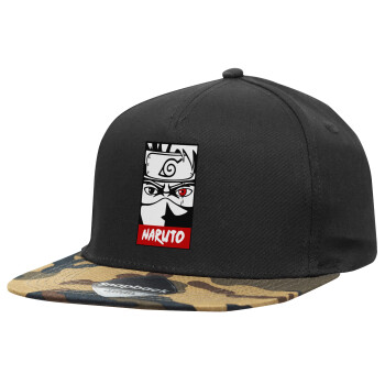 Naruto anime, Adult Flat Snapback Hat Black/Camouflage, (100% COTTON TWILL, ADULT, UNISEX, ONE SIZE)