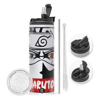 Naruto anime, Travel Tumbler θερμό με διπλό καπάκι, μεταλλικό καλαμάκι και βούρτσα καθαρισμού (Ανωξείδωτο 304 Food grade, BPA free, 600ml)