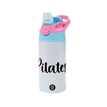 Pilates love, Children's hot water bottle, stainless steel, with safety straw, Pink/BlueCiel (360ml) BPA FREE