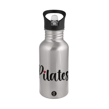 Pilates love, Water bottle Silver with straw, stainless steel 500ml