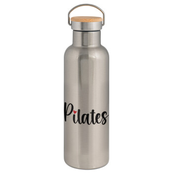 Pilates love, Stainless steel Silver with wooden lid (bamboo), double wall, 750ml