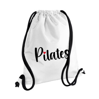 Pilates love, Τσάντα πλάτης πουγκί GYMBAG λευκή, με τσέπη (40x48cm) & χονδρά κορδόνια