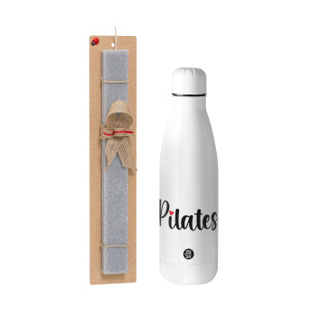 Pilates love, Easter Set, metallic stainless thermos bottle (500ml) & scented flat Easter candle (30cm) (GRAY)