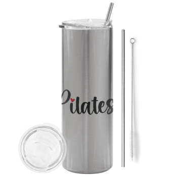 Pilates love, Eco friendly stainless steel Silver tumbler 600ml, with metal straw & cleaning brush