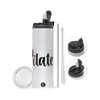 Pilates love, Travel Tumbler θερμό με διπλό καπάκι, μεταλλικό καλαμάκι και βούρτσα καθαρισμού (Ανωξείδωτο 304 Food grade, BPA free, 600ml)