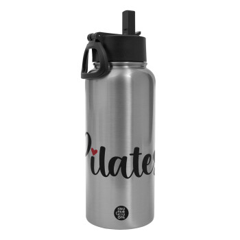 Pilates love, Metal mug thermo Silver with Straw and Spout Lid (Stainless steel), double wall, 950ml