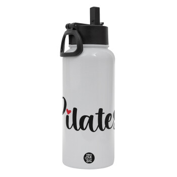 Pilates love, Metal mug thermo White with Straw and Spout Lid (Stainless steel), double wall, 950ml