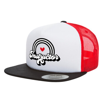 Instructor, Adult Foam Flat Snapback with Mesh Black-White-Red (POLYESTER, ADULT, UNISEX, ONE SIZE)