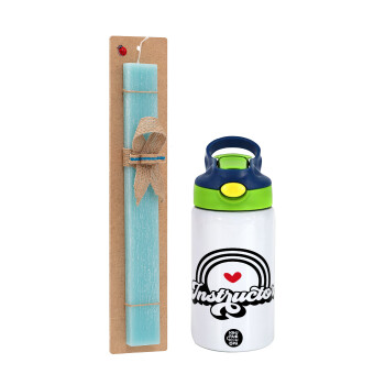 Instructor, Easter Set, Children's thermal stainless steel bottle with safety straw, green/blue (350ml) & aromatic flat Easter candle (30cm) (TURQUOISE)