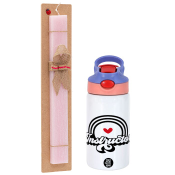 Instructor, Easter Set, Children's thermal stainless steel water bottle with safety straw, pink/purple (350ml) & Easter scented flat candle (30cm) (PINK)