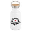 Metallic thermos (Stainless steel) White with wooden lid (bamboo), double-walled, 350ml