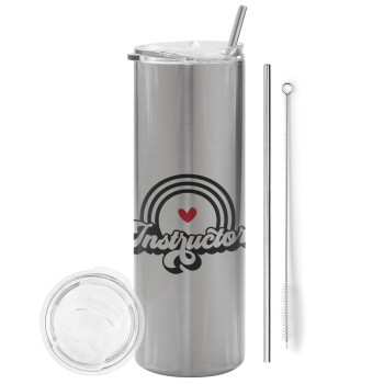 Instructor, Eco friendly stainless steel Silver tumbler 600ml, with metal straw & cleaning brush