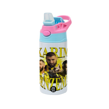 Karim Benzema, Children's hot water bottle, stainless steel, with safety straw, Pink/BlueCiel (360ml) BPA FREE