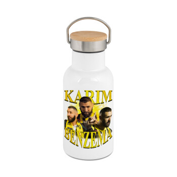 Karim Benzema, Metallic thermos (Stainless steel) White with wooden lid (bamboo), double-walled, 350ml