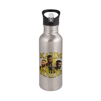 Karim Benzema, Water bottle Silver with straw, stainless steel 600ml