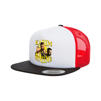 Karim Benzema, Adult Foam Flat Snapback with Mesh Black-White-Red (POLYESTER, ADULT, UNISEX, ONE SIZE)