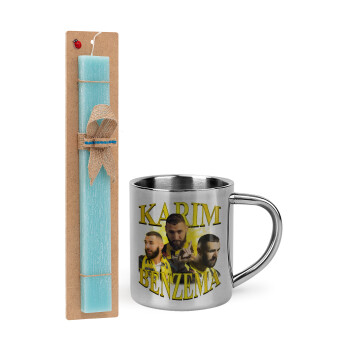 Karim Benzema, Easter Set, metallic thermal cup (300ml) & aromatic flat Easter candle (30cm) (TURQUOISE)