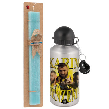 Karim Benzema, Easter Set, metallic silver aluminum water bottle (500ml) & scented flat Easter candle (30cm) (TURQUOISE)