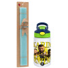 Easter Set, Children's thermal stainless steel bottle with safety straw, green/blue (350ml) & aromatic flat Easter candle (30cm) (TURQUOISE)