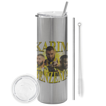 Karim Benzema, Eco friendly stainless steel Silver tumbler 600ml, with metal straw & cleaning brush