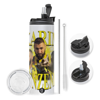 Karim Benzema, Travel Tumbler 2 Lids, with metal straw & cleaning brush (Stainless steel 304 Food grade, BPA free, 600ml)