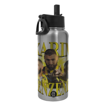 Karim Benzema, Metal mug thermo Silver with Straw and Spout Lid (Stainless steel), double wall, 950ml