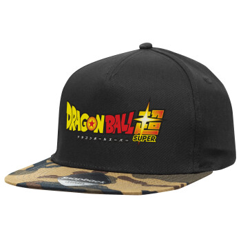 DragonBallZ, Adult Flat Snapback Hat Black/Camouflage, (100% COTTON TWILL, ADULT, UNISEX, ONE SIZE)