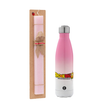 DragonBallZ, Easter Set, Metallic pink/white (Stainless steel) thermos, double-walled, 500ml & aromatic flat Easter candle (30cm) (PINK)