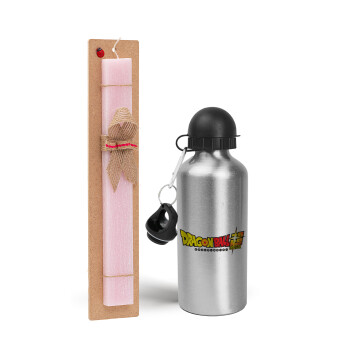 DragonBallZ, Easter Set, metallic Silver aluminum water bottle (500ml) & scented flat Easter candle (30cm) (PINK)