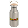 Stainless steel metallic thermos flask, silver with a bamboo lid, double-walled, 350ml.