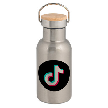 TikTok, Stainless steel metallic thermos flask, silver with a bamboo lid, double-walled, 350ml.