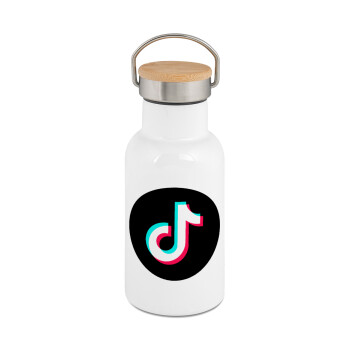 TikTok, Metallic thermos (Stainless steel) White with wooden lid (bamboo), double-walled, 350ml