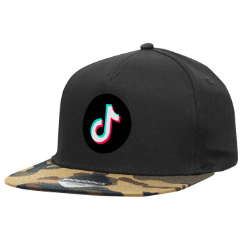 TikTok, Adult Flat Snapback Hat Black/Camouflage, (100% COTTON TWILL, ADULT, UNISEX, ONE SIZE)