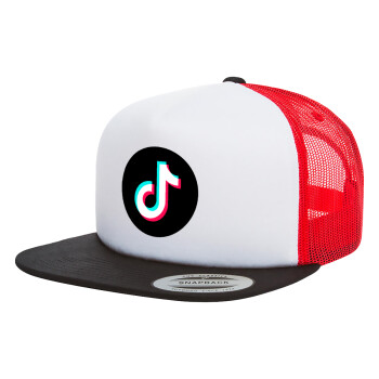 TikTok, Adult Foam Flat Snapback with Mesh Black-White-Red (POLYESTER, ADULT, UNISEX, ONE SIZE)