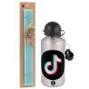 Easter Set, metallic silver aluminum water bottle (500ml) & scented flat Easter candle (30cm) (TURQUOISE)