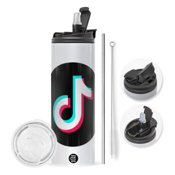 TikTok, Travel Tumbler θερμό με διπλό καπάκι, μεταλλικό καλαμάκι και βούρτσα καθαρισμού (Ανωξείδωτο 304 Food grade, BPA free, 600ml)