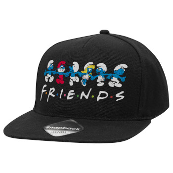 Friends Smurfs, Adult Flat Snapback Hat Black, (100% COTTON TWILL, ADULT, UNISEX, ONE SIZE)