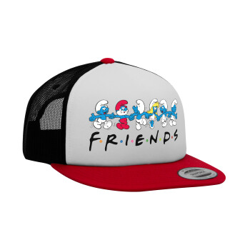 Friends Smurfs, Adult Foam Flat Snapback with Mesh Red-White-Black (POLYESTER, ADULT, UNISEX, ONE SIZE)