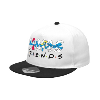 Friends Smurfs, Καπέλο Ενηλίκων Flat Snapback Λευκό/Μαύρο, (100% ΒΑΜΒΑΚΕΡΟ Twill, ΕΝΗΛΙΚΩΝ, UNISEX, ONE SIZE)