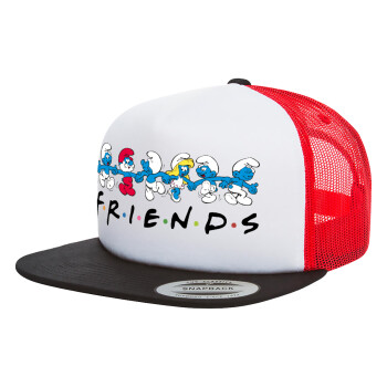 Friends Smurfs, Adult Foam Flat Snapback with Mesh Black-White-Red (POLYESTER, ADULT, UNISEX, ONE SIZE)